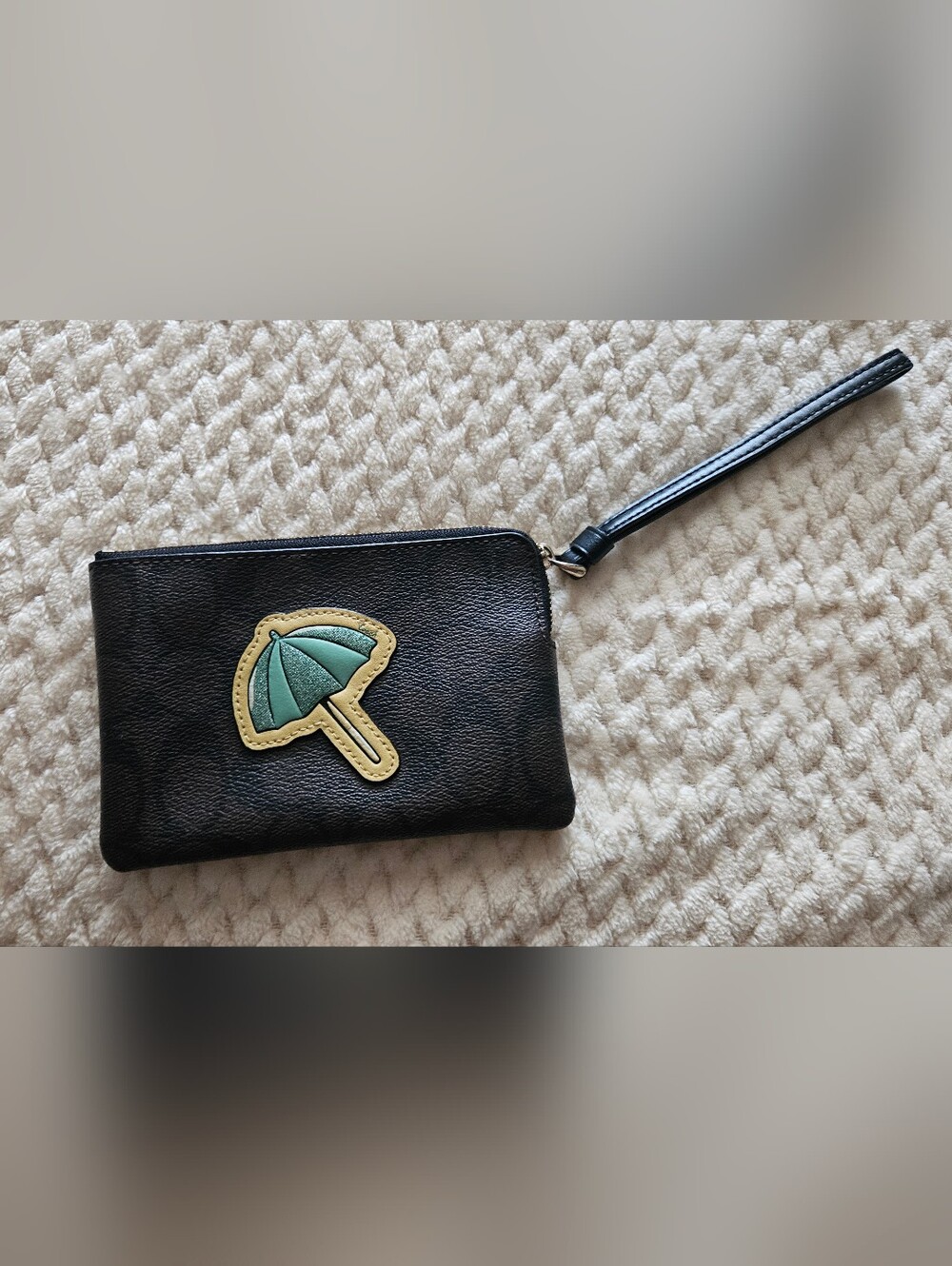 Coach Black Wristlet with Mint Umbrella Patch